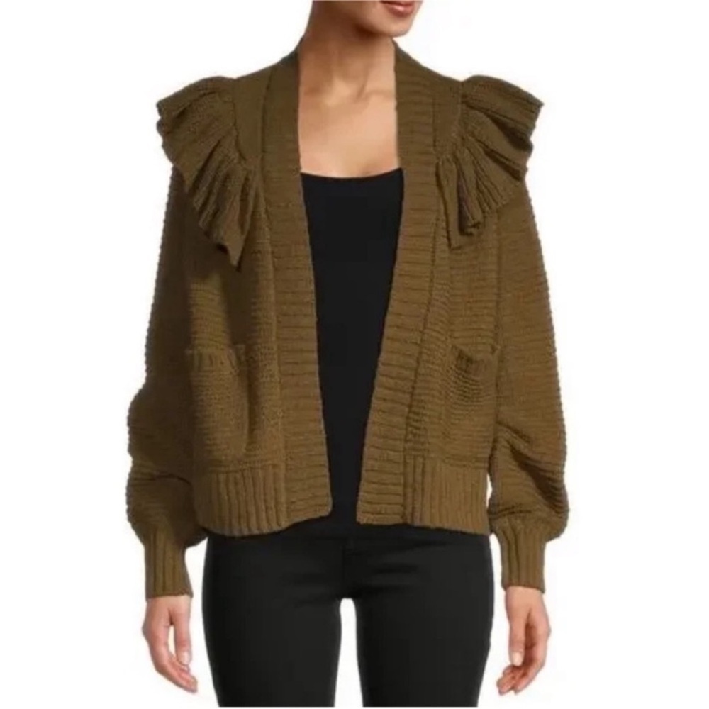 Madewell Ruffle Cardigan Sweater Open Front Cottagecore Boho Olive Green Size S